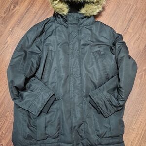 Gap Men's Black Puffer Jacket with Faux Fur Trim